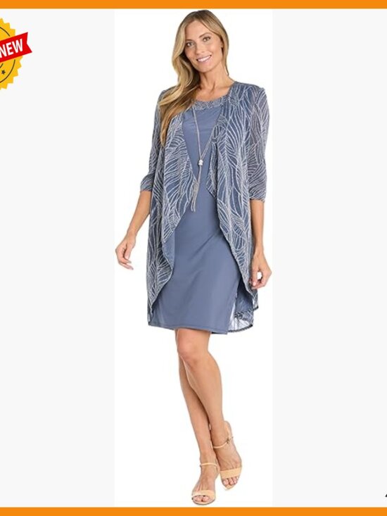 Other - Metallic Jacquard Knit Jacket Dress Set with Necklace - Mother of Bride